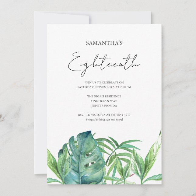 Convites Tropical Luau 18th Birthday Watercolor (Frente)