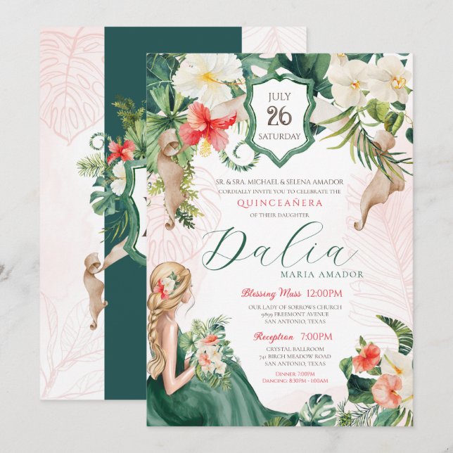 Convites Tropical Luau Emerald Island Floral Quinceanera (Frente/Verso)