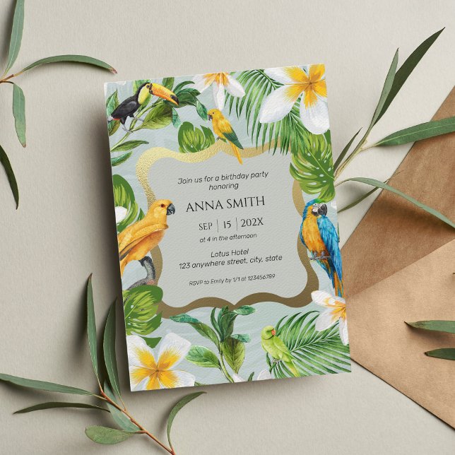 Convites Tropical Luau Parrots Plumeria Festa de aniversári (Criador carregado)