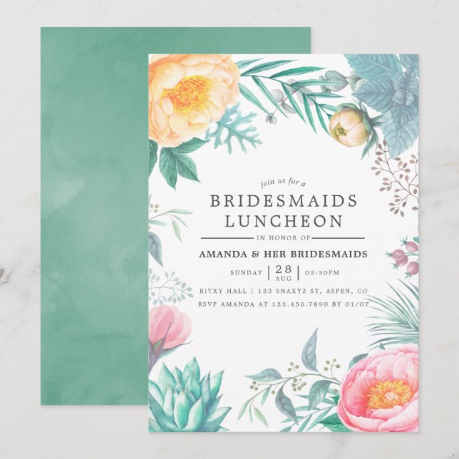 Convites Tropical Mint Floral Summer Bridesmaids Luncheon (Frente/Verso)