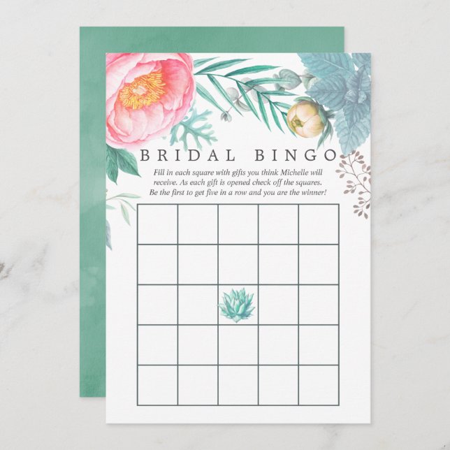 Convites Tropical Mint Floral Summer Chá de panela Bingo (Frente/Verso)