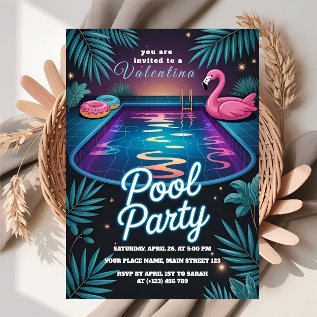 Convites Tropical Neon Pool Party Birthday (Criador carregado)