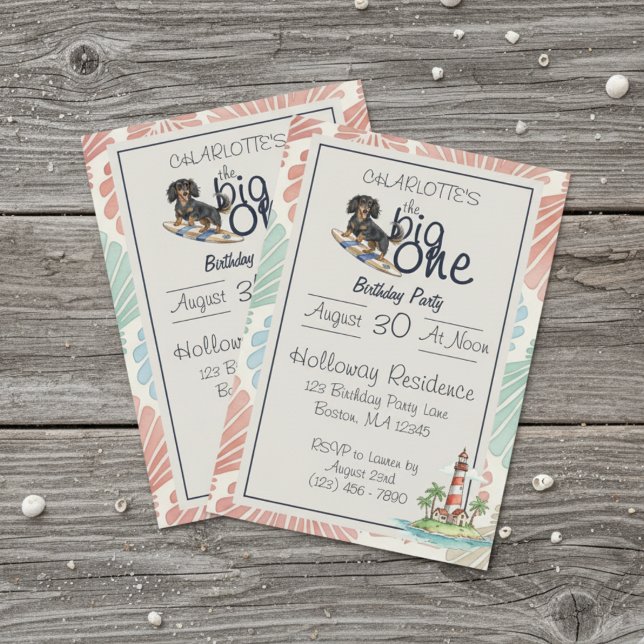 Convites Tropical O Grande Aniversário Do Dachshund De Um S (Celebrate your little one’s special day with this Tropical The Big One Surf Dachshund Birthday!)