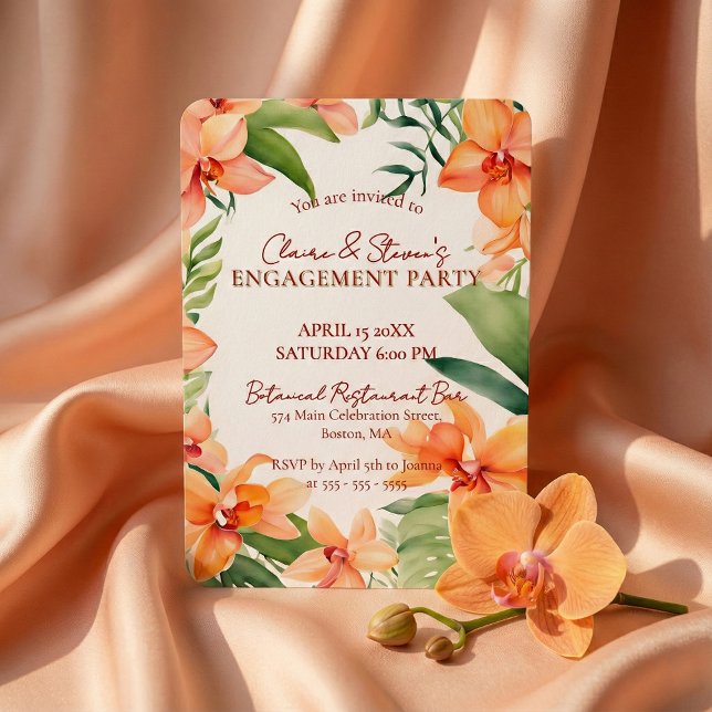 Convites Tropical Orange Orchid & Greenery Engagement Party (Criador carregado)