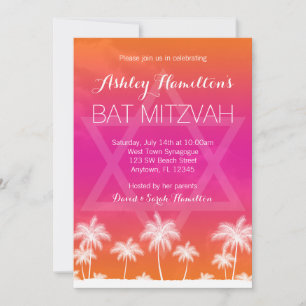 Convites Tropical Orange Pink Bat Mitzvah