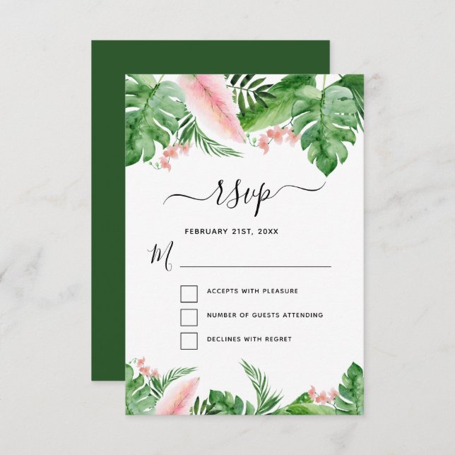 Convites Tropical Palm Floral Watercolor Casamento RSVP (Frente/Verso)