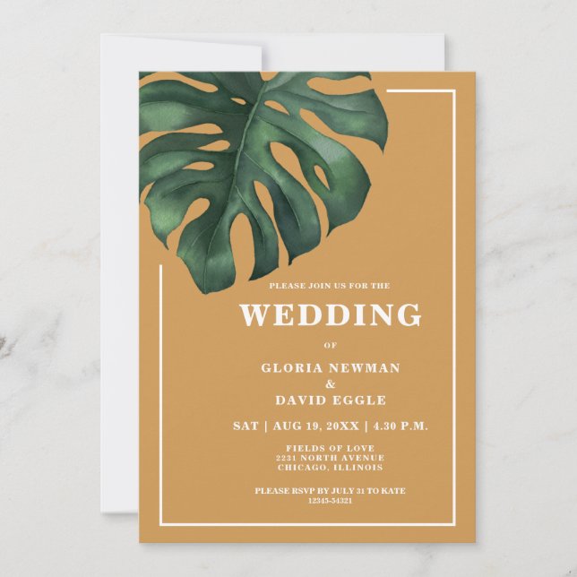 Convites Tropical Palm Leaf Monstera Wedding Invitation (Frente)