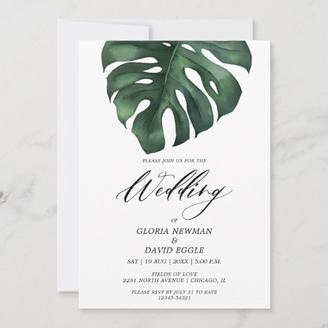 Convites Tropical Palm Leaf Monstera Wedding Invitation (Frente)