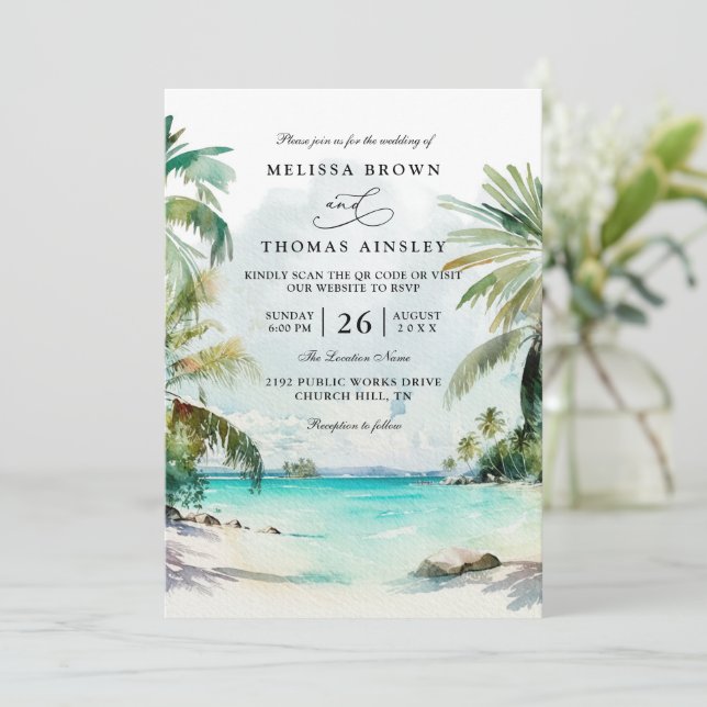 Convites Tropical Palm Trees Beach Scene QR Code Wedding (Em pé/Frente)