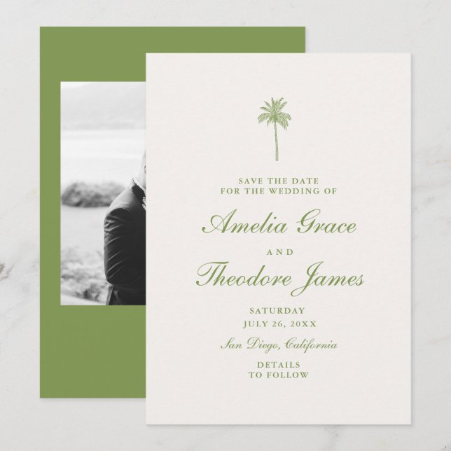 Convites Tropical Palm Wedding Save the Date Card (Frente/Verso)