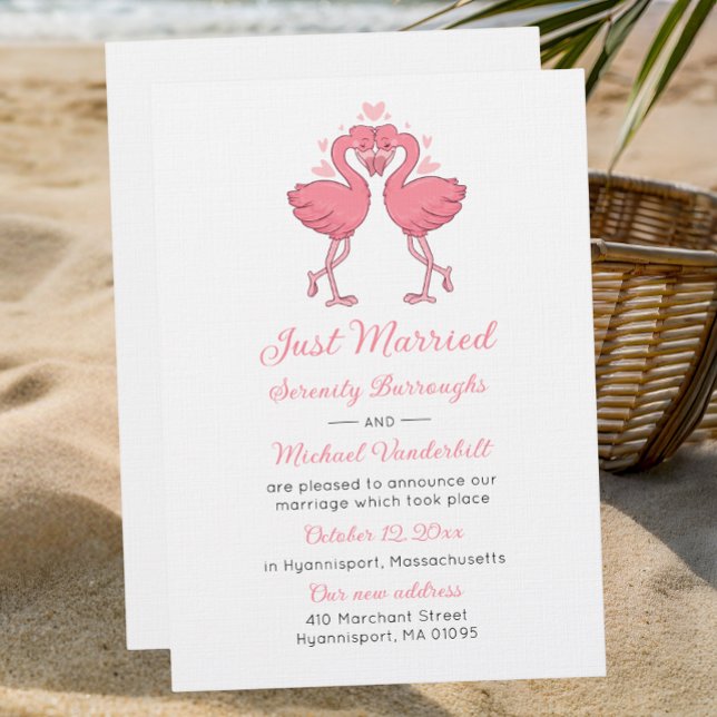 Convites Tropical Pink Flamingo Just Married Announcement (Criador carregado)