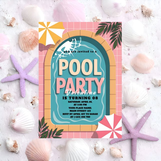 Convites Tropical Pink Palm Springs Pool Party Birthday (Criador carregado)