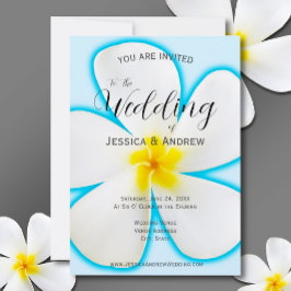 Convites Tropical, Plumeria Branca em Azul, Casamento Flora