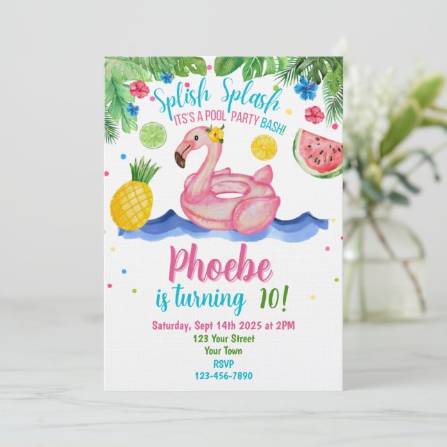 Convites Tropical Pool Party Pink Flamingo Invitation (Em pé/Frente)