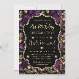 Convites Tropical Purple & Gold Leopard Print 21st Birthday