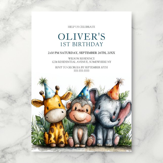 Convites Tropical Safari Animals 1st Birthday Party (Criador carregado)