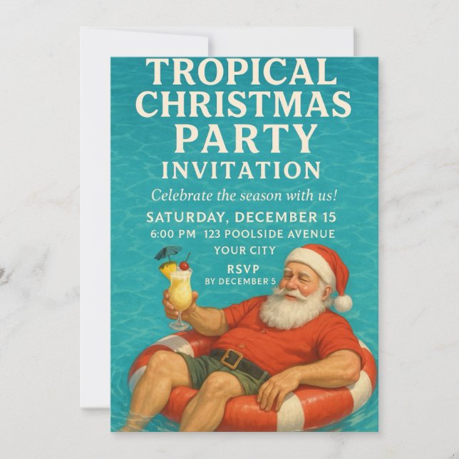 Convites Tropical Santa Pool Christmas Party Invite (Frente)