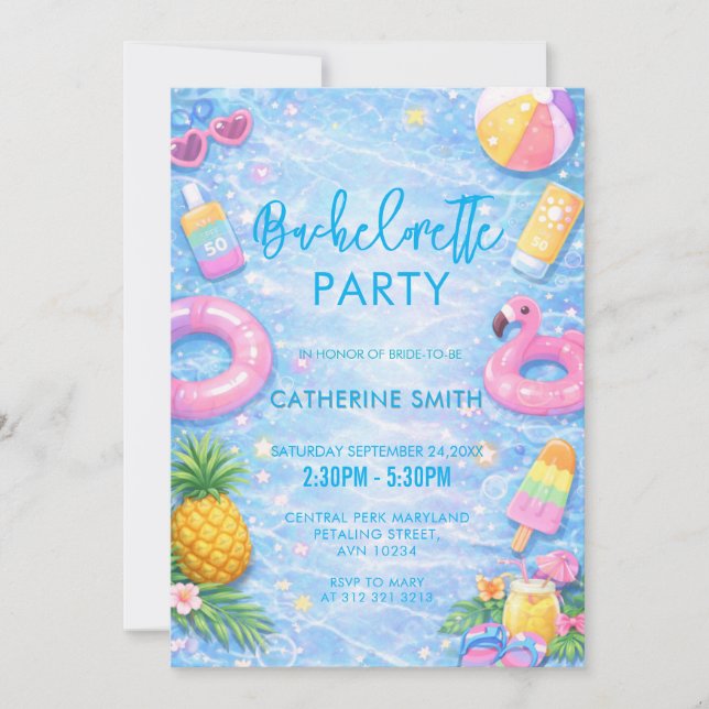 Convites Tropical Sparkle Bachelorette Pool Party (Frente)