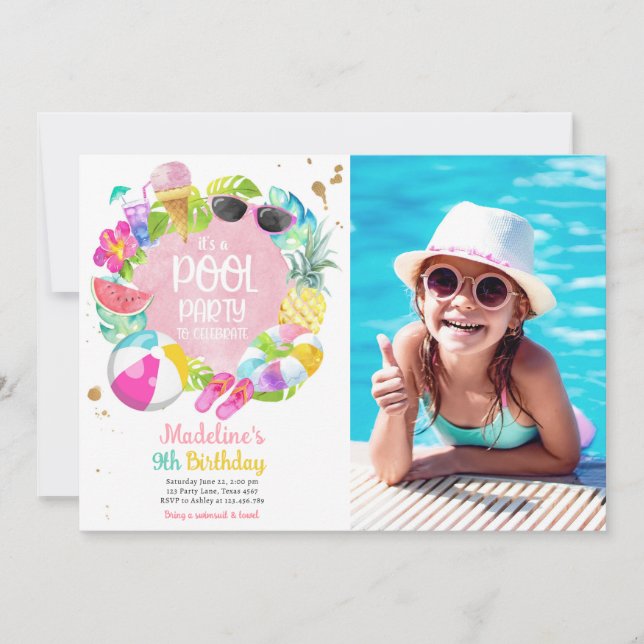Convites Tropical Splash Piscina Party Bash Birthday (Frente)
