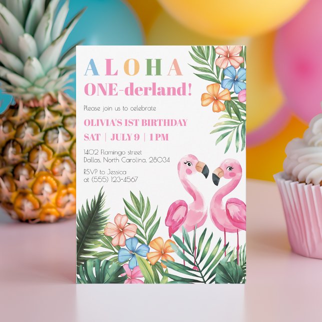 Convites Tropical Summer 1rua Flamingo Onederland Aniversár (Tropical Summer 1st Flamingo Onederland Birthday Invitation)