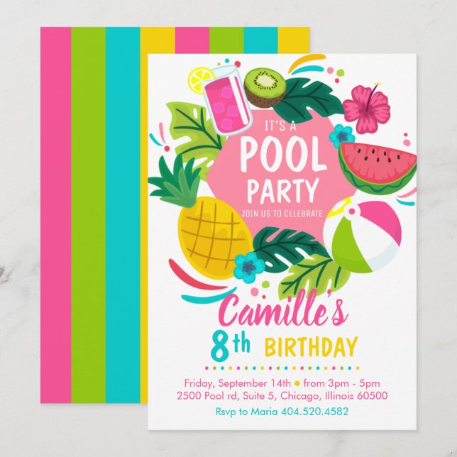 Convites Tropical summer pool party Invitation (Frente/Verso)