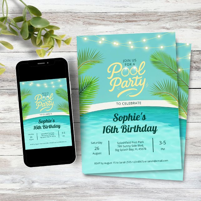 Convites Tropical Sunset Birthday Pool Party (Classy elegant birthday pool party invitation
)