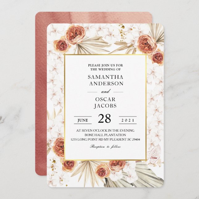 Convites Tropical Terracotta Seca Folha de Palma e Flor (Frente/Verso)