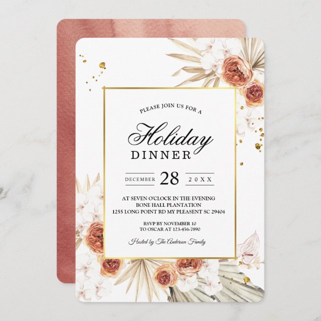 Convites Tropical Terracotta Seca Palma Folha Dourada (Frente/Verso)