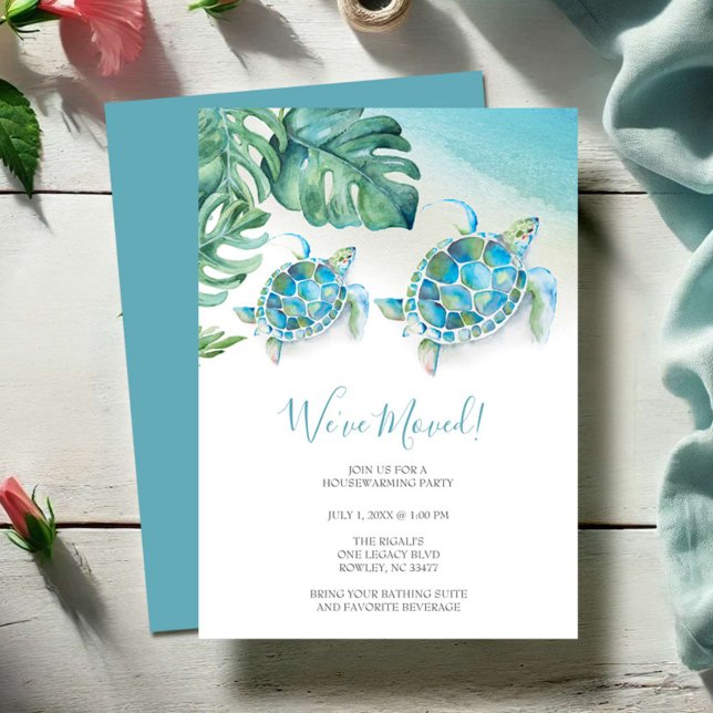 Convites Tropical Watercolor Beach Housearming Party (New address moving announcement cards tropical beach seat turtle watercolor Victoria Grigaliunas)