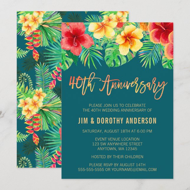 Convites Tropical Watercolor Flower 40th Anniversary (Frente/Verso)
