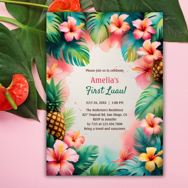 Convites Tropical Watercolor Havaiana Primeiro Luau Anivers (First Luau Birthday Invitation – Tropical Hawaiian Party for Baby Girl Invitation)