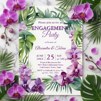 Convites Tropical Watercolor Purple Orchid Engagement Party