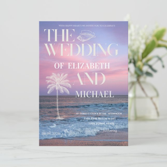 Convites Tropical Wedding Sunrise Ocean Beach Wedding (Em pé/Frente)