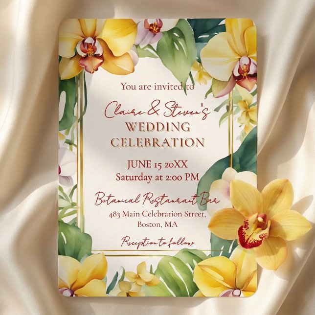 Convites Tropical Yellow Orchid and Greenery Gold Wedding (Criador carregado)