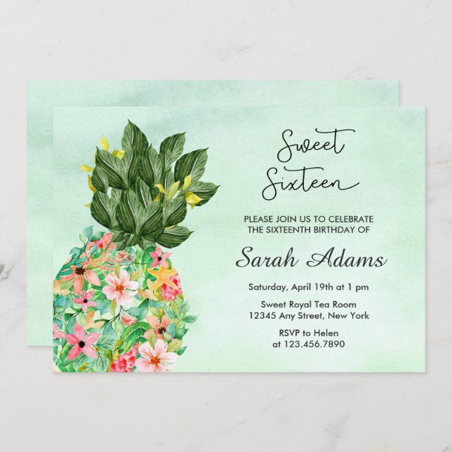 Convites Trpical Beach Floral Watercolor Sweet 16 (Frente/Verso)