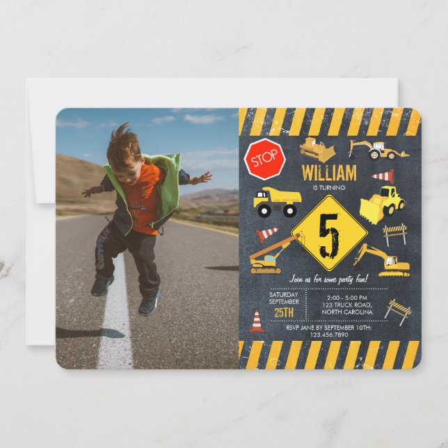 Convites Trucks de Construção Foto de Máquinas Pesadas (Frente)