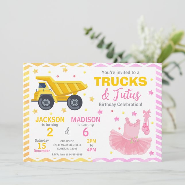 Convites Trucks & Tutus Joint Birthday Invitation (Em pé/Frente)