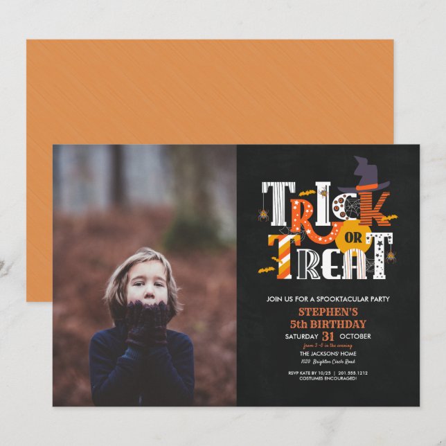 Convites Truque de Halloween ou tratamento de Festa de aniv (Frente/Verso)