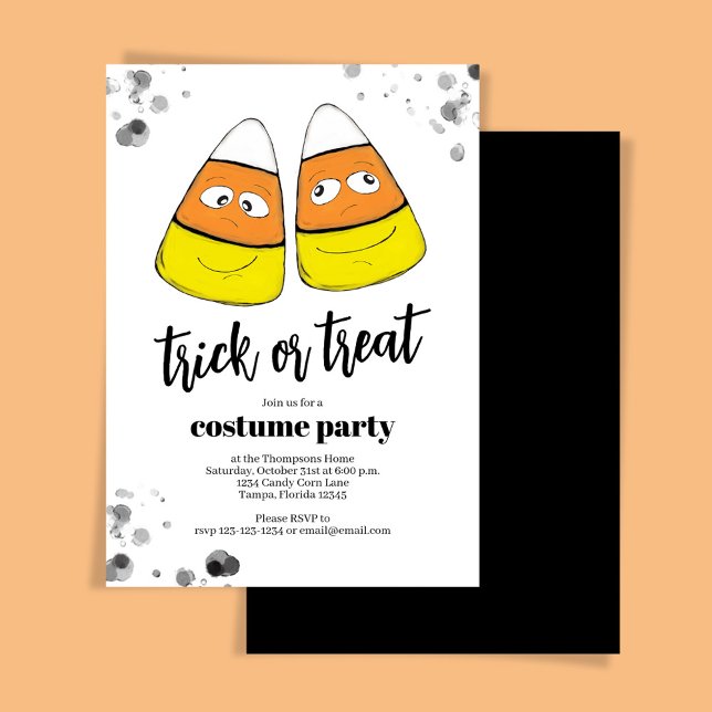 Convites Truque de Milho Laranja ou Festa de Dia das Bruxas (Trick or treat costume party invitation with candy corn. )