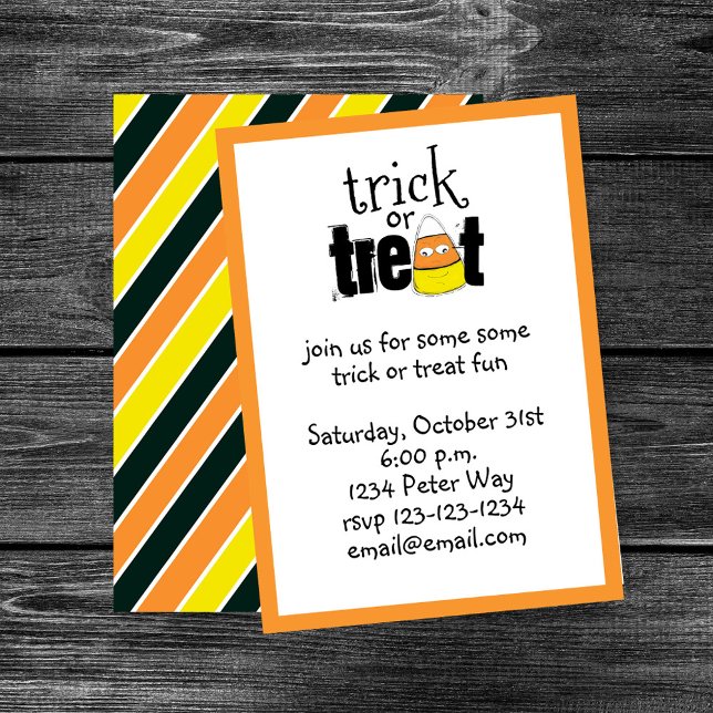 Convites Truque Ou Tratamento De Milho De Balas De Baleia (Cute candy corn trick or treat Halloween party design with orange border and white panel.)