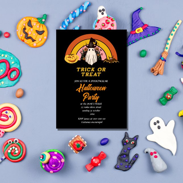 Convites truque retro groovy ou hora de festa do halloween (Criador carregado)
