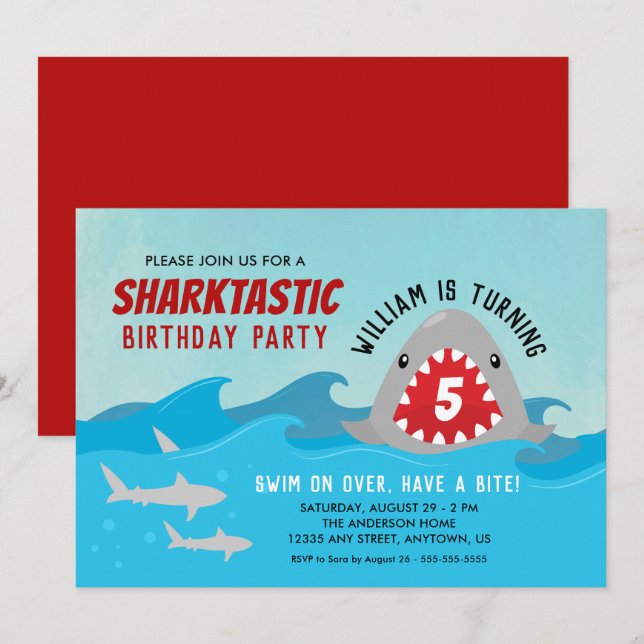 Convites Tubarão | Festa de aniversário de rapazes (Frente/Verso)