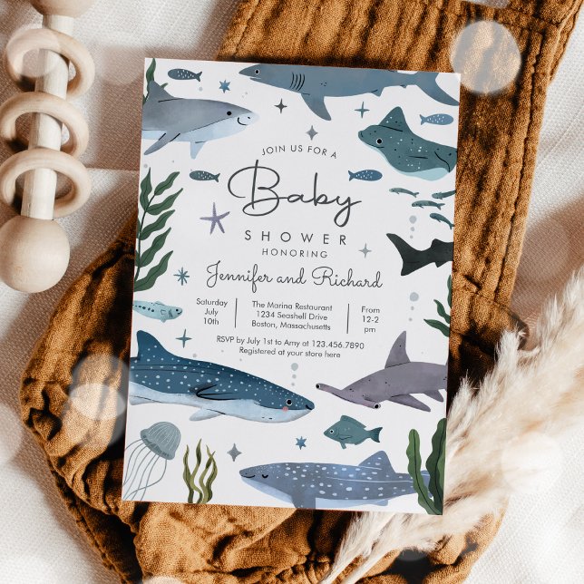 Convites Tubarão sob o Chá de fraldas de animais marinhos (Criador carregado)