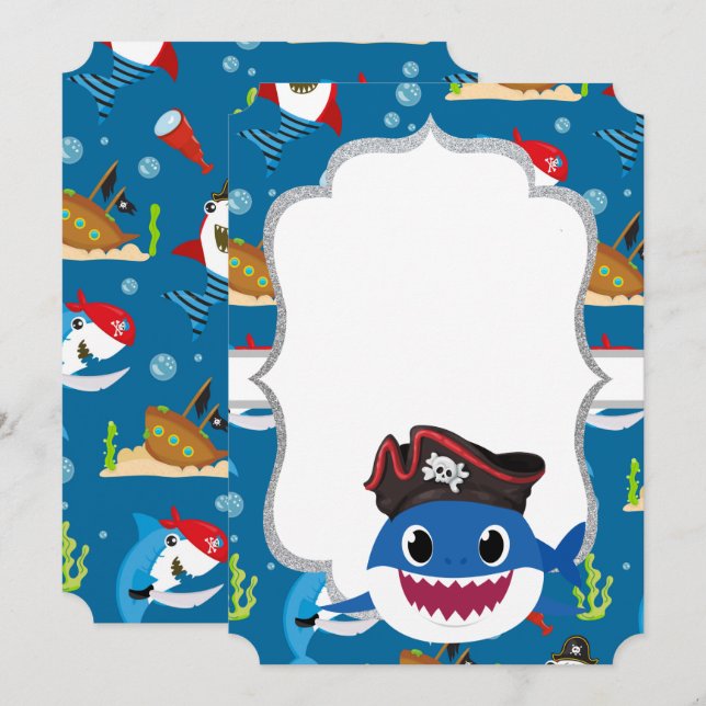 Convites Tubarões Adoráveis, Fundo Azul (Frente/Verso)