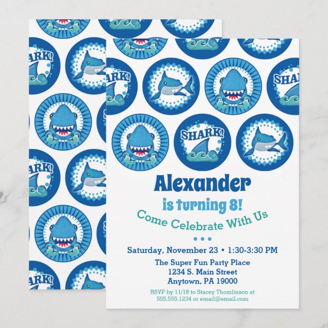 Convites Tubarões - Festa de Tubarões de Aniversário (Frente/Verso)
