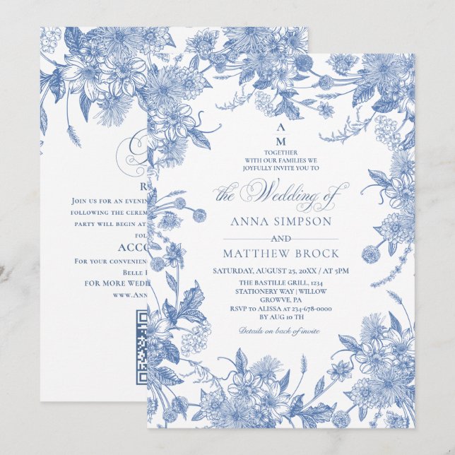 Convites Tudo em um azul francês flores silvestres Casament (Frente/Verso)