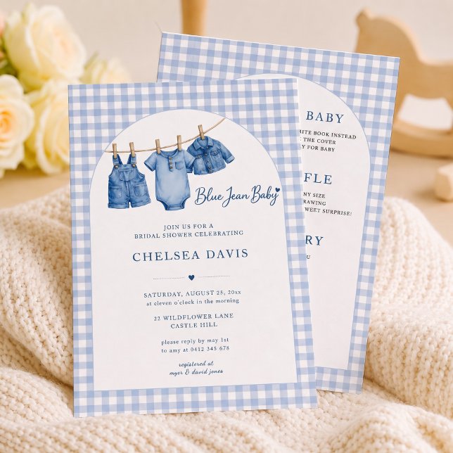 Convites Tudo em Um Bebê de Jeans Azul Personalizado com Ar (All In One Blue Jean Baby Custom Gingham Arch Invitation)
