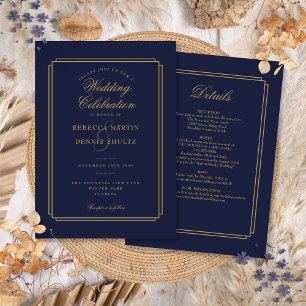 Convites Tudo em Um Casamento Art Déco em Azul Marinho e Do