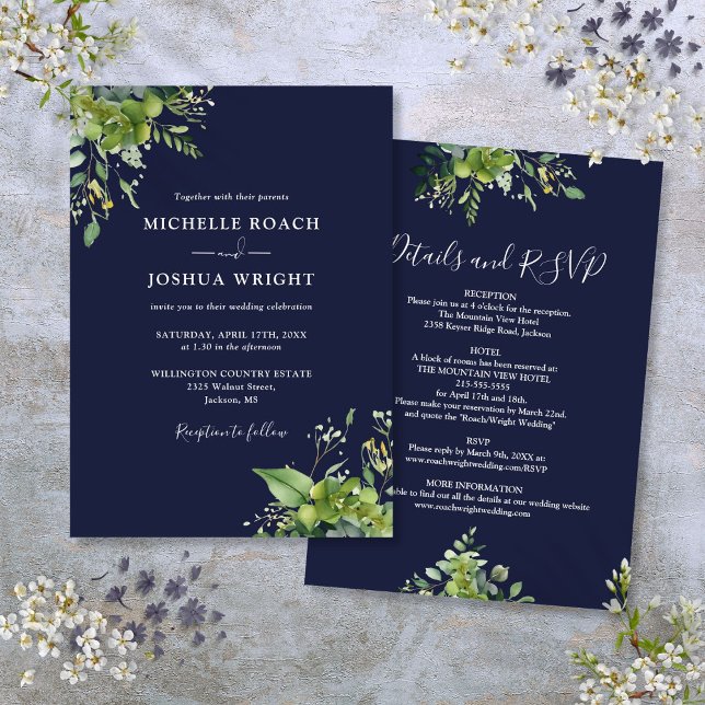Convites Tudo Em Um Casamento Azul De Marinho Eucalyptus Gr (All In One Eucalyptus Greenery Navy Blue Wedding Invitation)