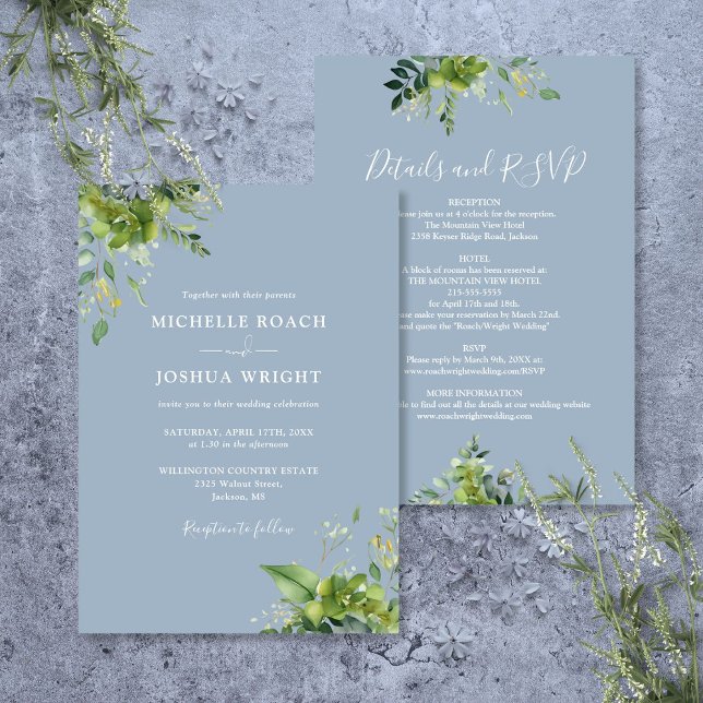 Convites Tudo Em Um Casamento Azul Eucalyptus Greenery Dust (All In One Eucalyptus Greenery Dusty Blue Wedding Invitation)